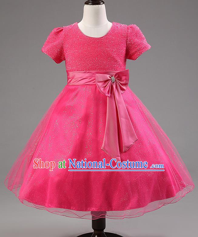 Children Modern Dance Rosy Bowknot Bubble Dress Stage Performance Compere Catwalks Costume for Kids