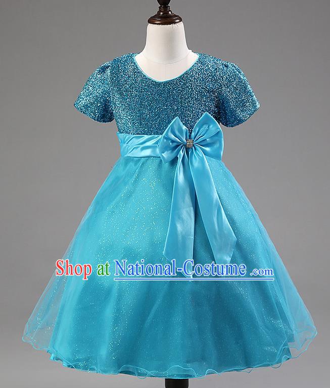 Children Modern Dance Blue Bowknot Bubble Dress Stage Performance Compere Catwalks Costume for Kids