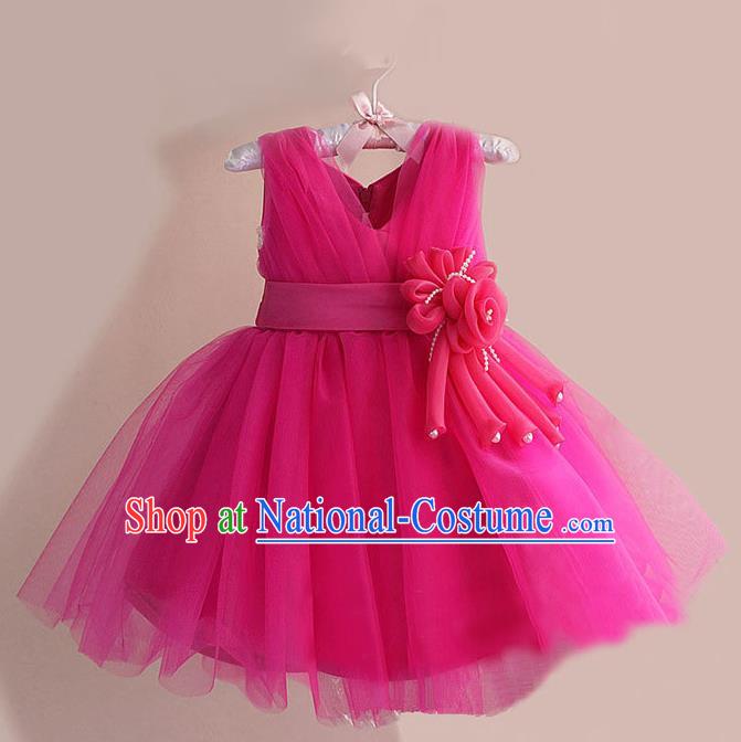 Children Modern Dance Rosy Flower Bubble Dress Stage Performance Compere Catwalks Costume for Kids