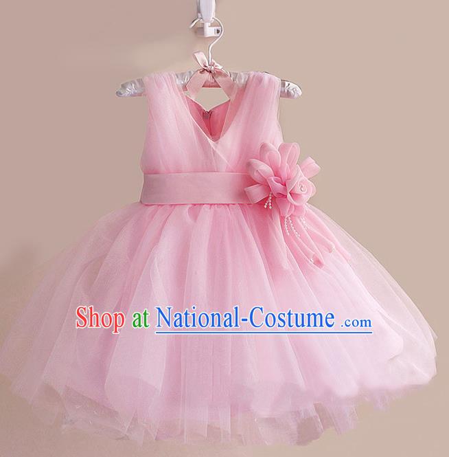 Children Modern Dance Pink Flower Bubble Dress Stage Performance Compere Catwalks Costume for Kids