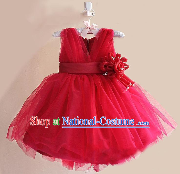 Children Modern Dance Red Flower Bubble Dress Stage Performance Compere Catwalks Costume for Kids