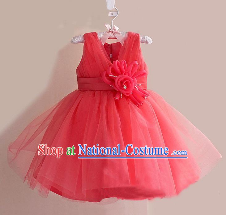 Children Modern Dance Watermelon Red Flower Bubble Dress Stage Performance Compere Catwalks Costume for Kids