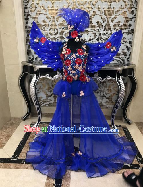 Children Modern Dance Full Dress Stage Performance Catwalks Costume Blue Feather Swimsuit and Wings for Kids