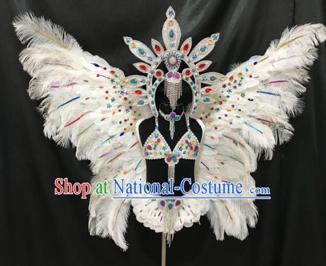 Children Catwalks Costume Brazilian Carnival Samba Dance White Feather Swimsuit and Butterfly Wings Headwear for Kids