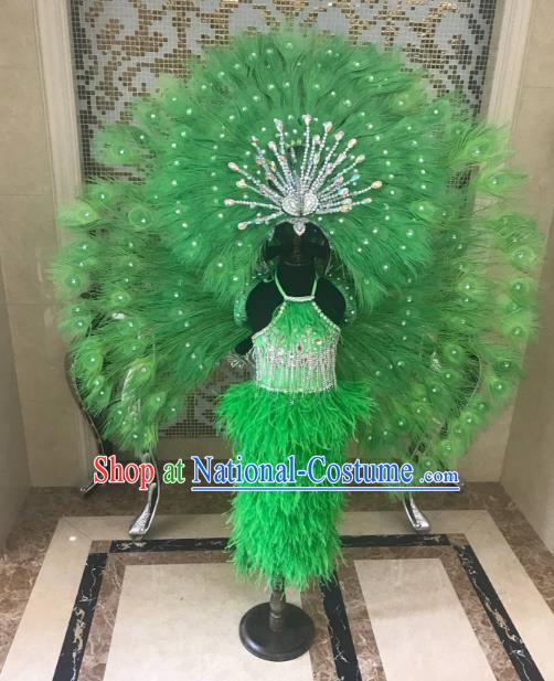 Children Catwalks Costume Brazilian Carnival Samba Dance Green Feather Swimsuit and Wings Headwear for Kids