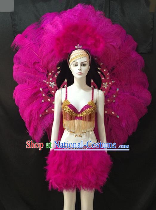 Top Grade Brazilian Carnival Samba Dance Costumes Halloween Miami Catwalks Rosy Feather Swimsuit and Wings for Women