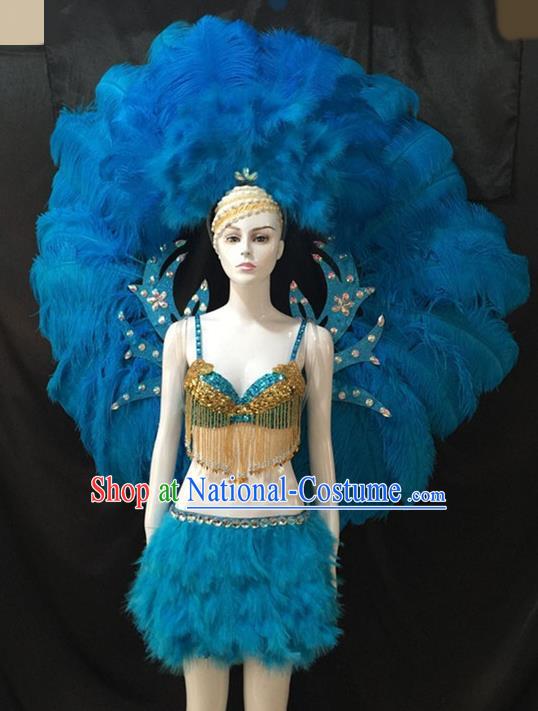 Top Grade Brazilian Carnival Samba Dance Costumes Halloween Miami Catwalks Blue Feather Swimsuit and Wings for Women