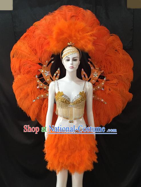 Top Grade Brazilian Carnival Samba Dance Costumes Halloween Miami Catwalks Orange Feather Swimsuit and Wings for Women