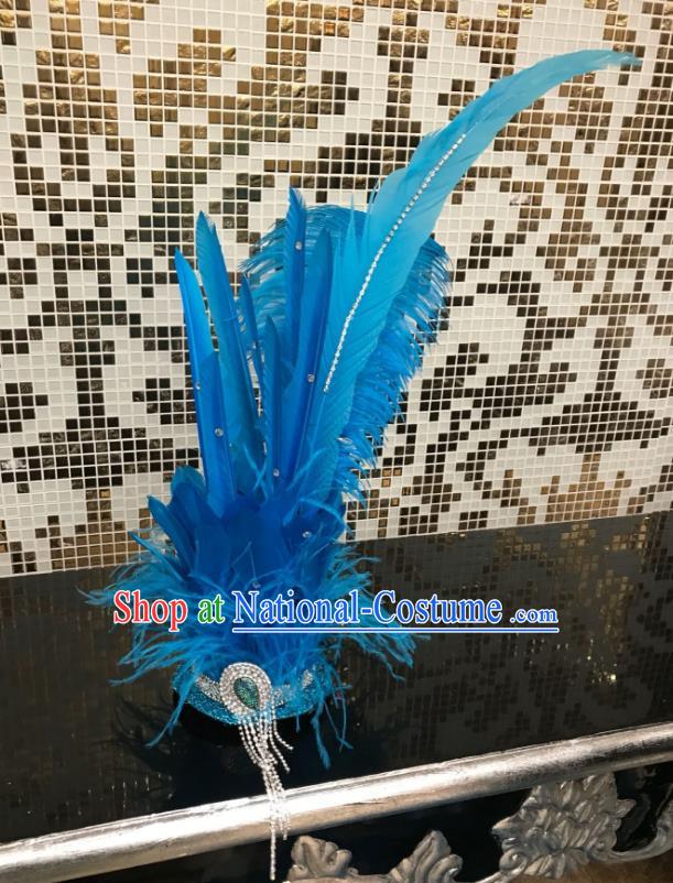 Brazilian Carnival Samba Dance Hair Accessories Miami Blue Feathers Deluxe Headdress for Kids