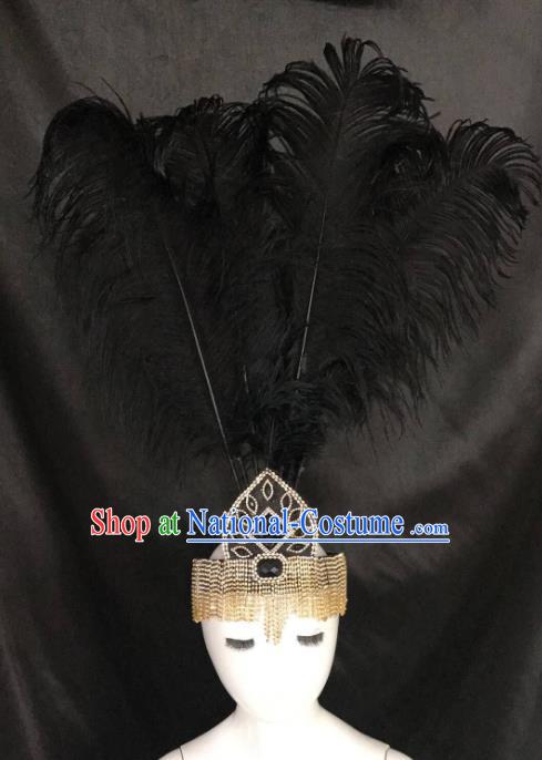 Brazilian Carnival Samba Dance Hair Accessories Miami Deluxe Crystal Black Feather Headdress for Kids