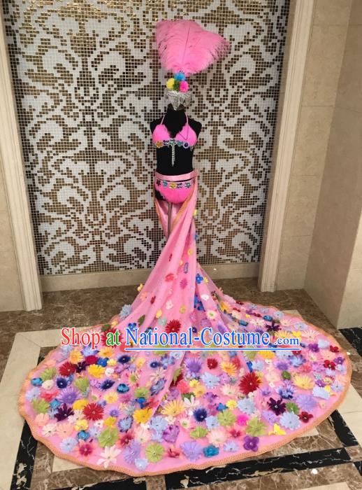 Children Catwalks Costume Modern Dance Swimsuit Pink Trailing Full Dress and Feather Hair Accessories for Kids