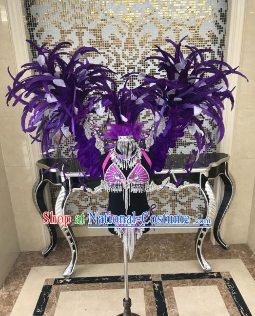 Children Catwalks Costume Modern Dance Swimsuit and Purple Feather Angel Wings for Kids