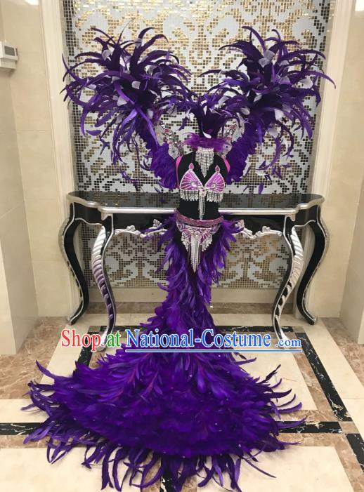 Children Catwalks Costume Modern Dance Purple Feather Swimsuit and Angel Wings for Kids