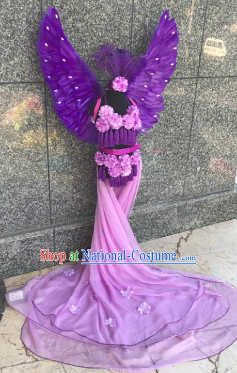 Top Grade Brazilian Carnival Costumes Halloween Catwalks Purple Feather Swimsuit and Hair Accessories for Kids