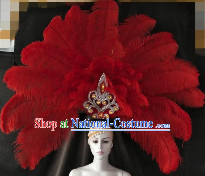 Brazilian Carnival Samba Dance Deluxe Hair Accessories Dionysia Miami Catwalks Red Feather Headdress for Women