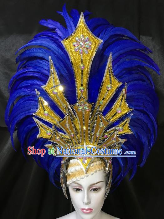 Brazilian Carnival Samba Dance Deluxe Hair Accessories Dionysia Miami Catwalks Blue Feather Headdress for Women