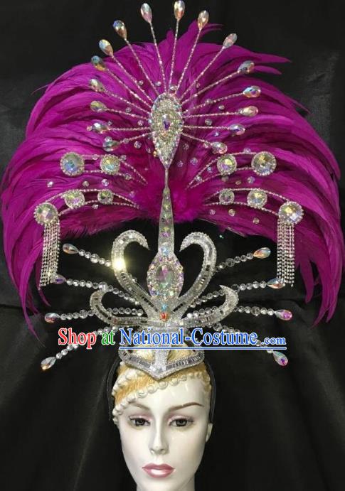 Brazilian Carnival Samba Dance Deluxe Hair Accessories Dionysia Miami Catwalks Purple Feather Headdress for Women