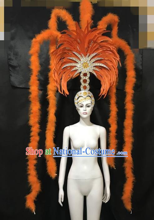 Brazilian Carnival Samba Dance Deluxe Hair Accessories Dionysia Miami Catwalks Orange Feather Headdress for Women