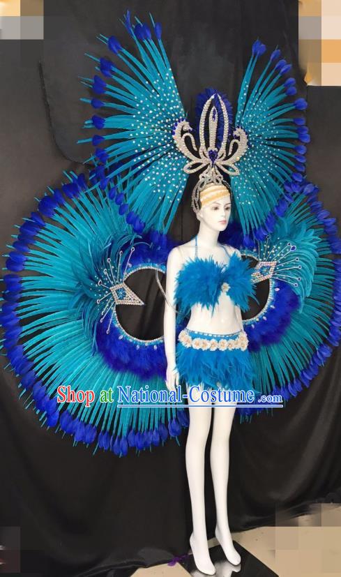 Blue Feather Brazilian Rio Carnival Costumes Halloween Catwalks Swimsuit and Deluxe Feather Wings Headwear for Women