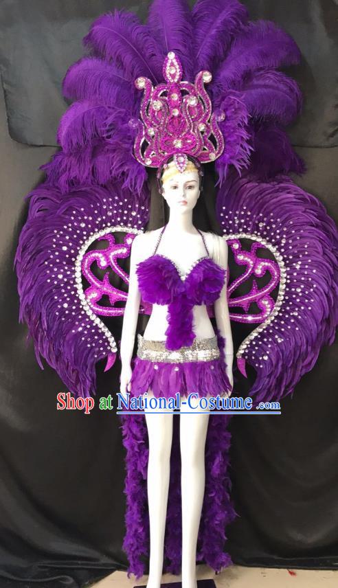 Purple Feather Brazilian Rio Carnival Costumes Halloween Catwalks Swimsuit and Deluxe Feather Wings Headwear for Women