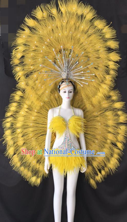 Yellow Feather Brazilian Rio Carnival Costumes Halloween Catwalks Swimsuit and Deluxe Feather Wings Headwear for Women