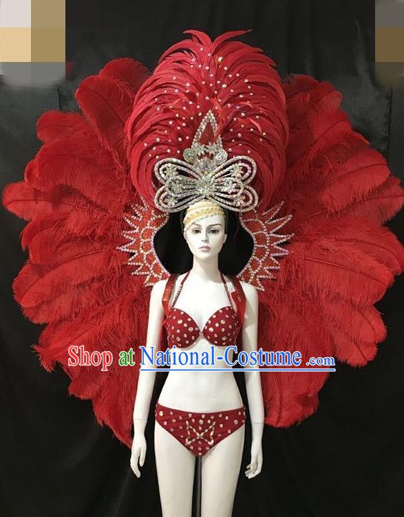 Brazilian Rio Carnival Red Feather Costumes Halloween Catwalks Swimsuit and Deluxe Feather Wings Headwear for Women