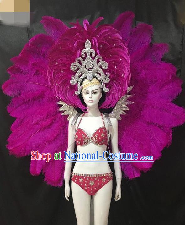 Brazilian Rio Carnival Purple Feather Costumes Halloween Catwalks Swimsuit and Deluxe Feather Wings Headwear for Women