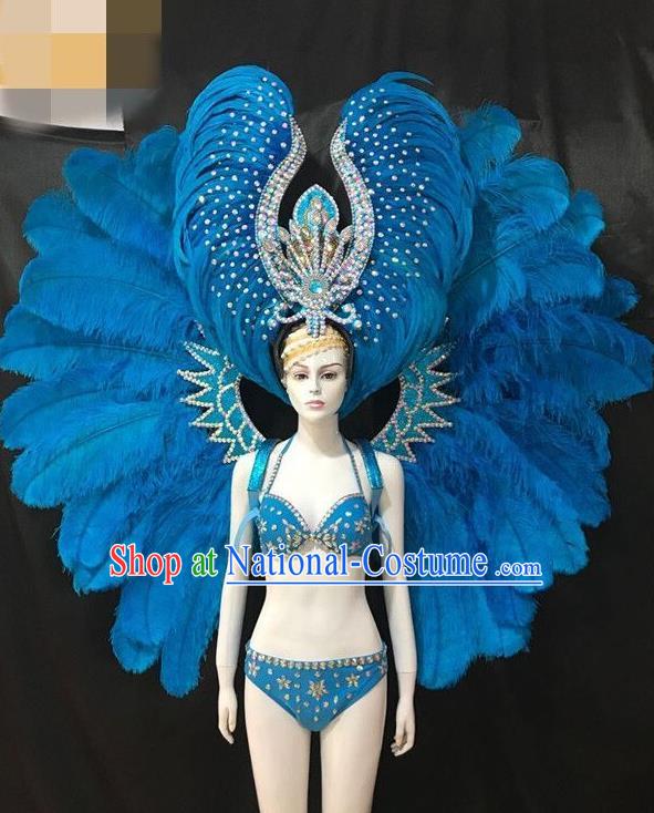 Brazilian Rio Carnival Blue Feather Costumes Halloween Catwalks Swimsuit and Deluxe Feather Wings Headwear for Women