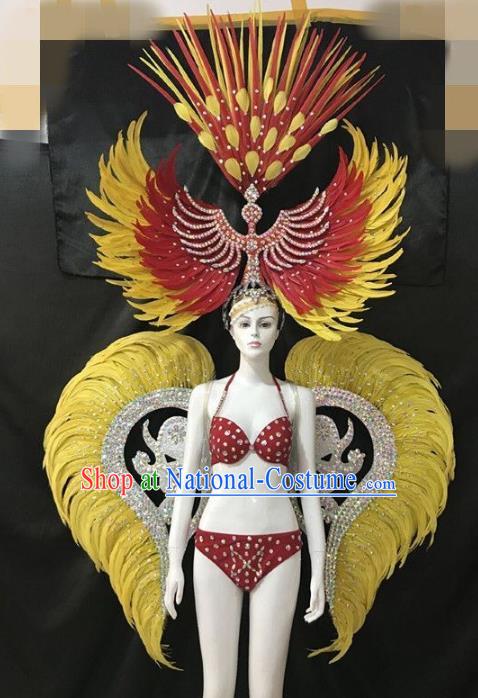 Brazilian Rio Carnival Samba Dance Costumes Halloween Catwalks Swimsuit and Deluxe Yellow Feather Wings Headwear for Women