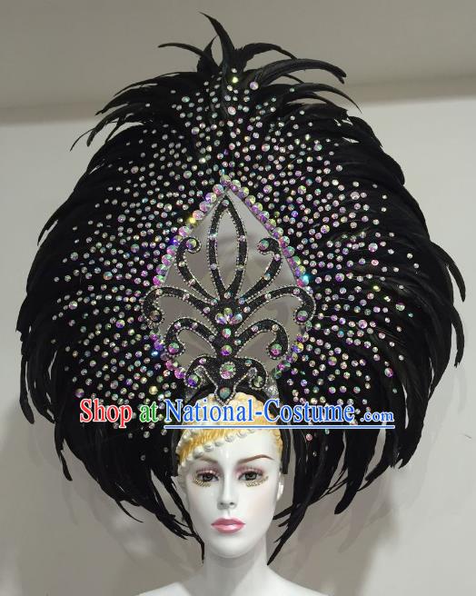 Brazilian Samba Dance Black Feather Hair Accessories Rio Carnival Catwalks Deluxe Headwear for Women