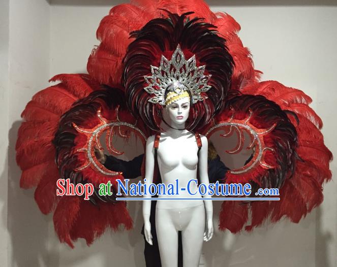 Top Grade Brazilian Catwalks Samba Dance Props Rio Carnival Red Feather Angel Wings and Headwear for Women