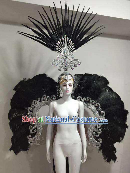 Top Grade Brazilian Catwalks Samba Dance Props Rio Carnival Black Feather Angel Wings and Headwear for Women