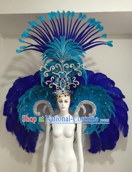 Top Grade Brazilian Catwalks Samba Dance Props Rio Carnival Blue Feather Angel Wings and Headwear for Women