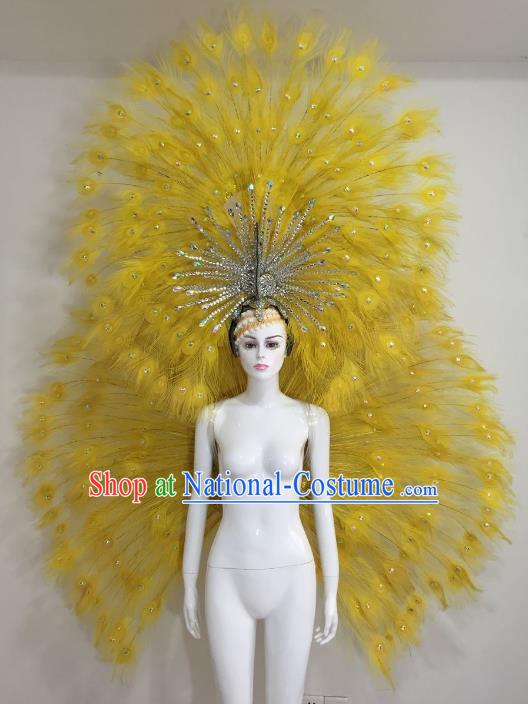 Brazilian Catwalks Samba Dance Props Rio Carnival Yellow Feather Angel Wings and Headwear for Women