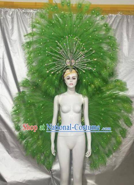 Brazilian Catwalks Samba Dance Props Rio Carnival Green Feather Angel Wings and Headwear for Women