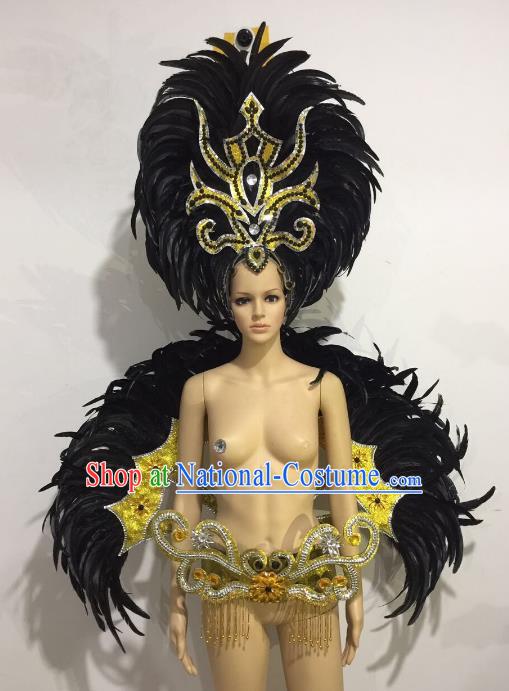 Brazilian Catwalks Samba Dance Props Rio Carnival Black Feather Angel Wings and Headwear for Women