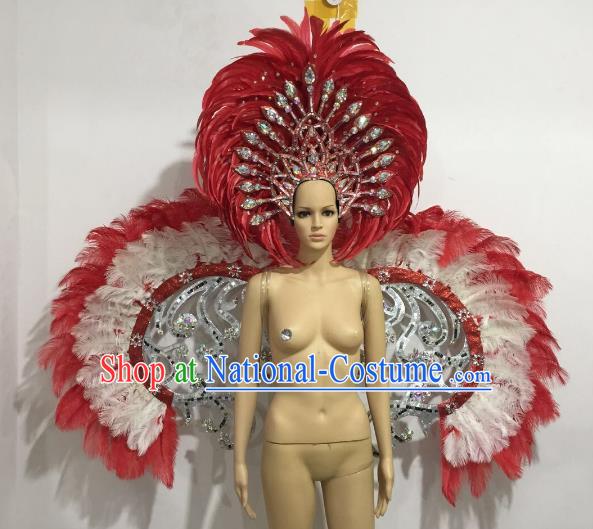 Brazilian Catwalks Samba Dance Props Rio Carnival Red and White Feather Angel Wings and Headwear for Women