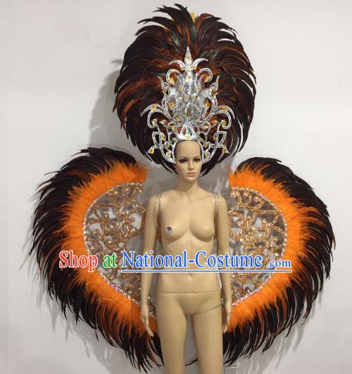 Brazilian Catwalks Samba Dance Props Rio Carnival Black and Orange Feather Angel Wings and Headwear for Women