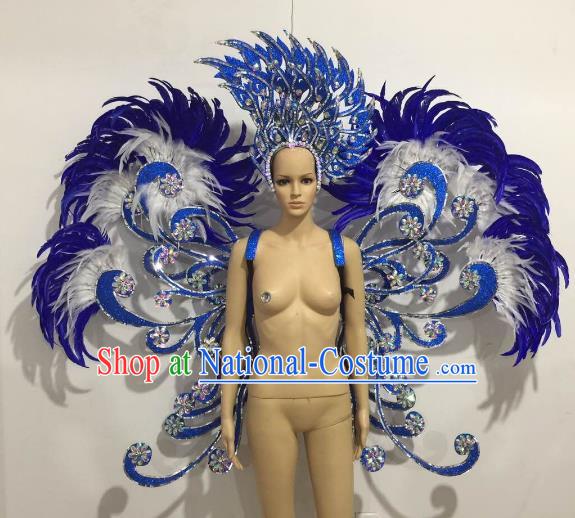 Brazilian Catwalks Samba Dance Props Rio Carnival Blue Feather Butterfly Wings and Headwear for Women