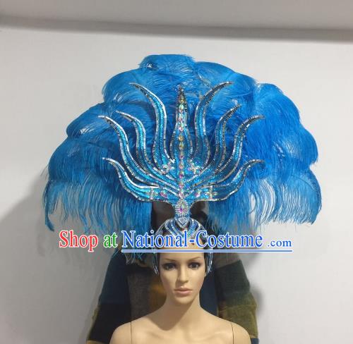 Brazilian Samba Dance Blue Feather Hair Accessories Rio Carnival Roman Deluxe Headwear for Women