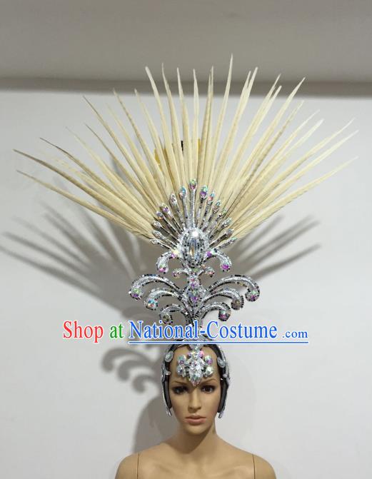 Brazilian Samba Dance Queen Hair Accessories Rio Carnival White Ostrich Feather Deluxe Headwear for Women