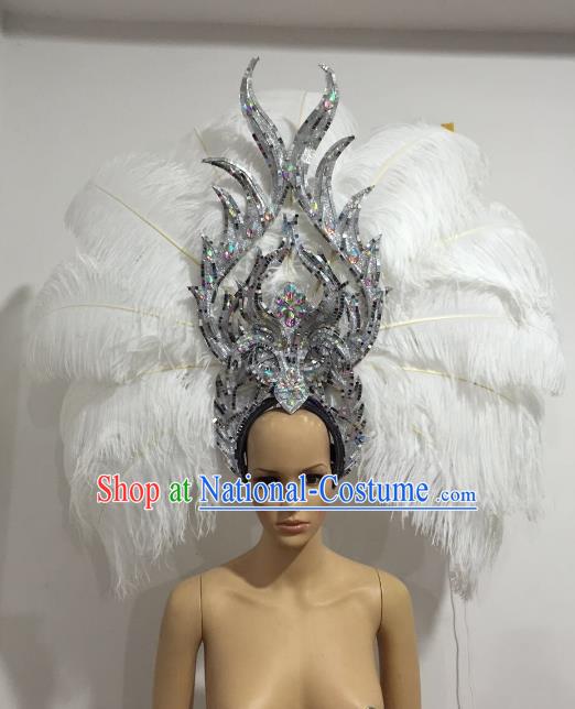 Brazilian Catwalks Hair Accessories Rio Carnival Samba Dance White Ostrich Feather Deluxe Headwear for Women