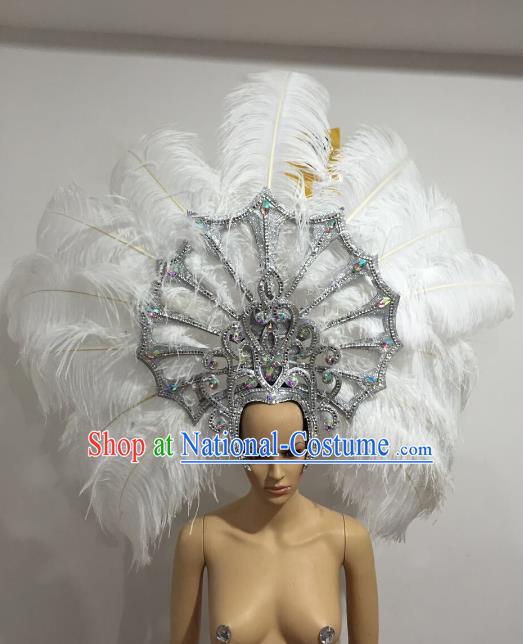 Brazilian Carnival Catwalks Hair Accessories Rio Samba Dance White Ostrich Feather Deluxe Headwear for Women