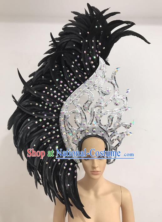 Brazilian Carnival Catwalks Hair Accessories Rio Samba Dance Black Ostrich Feather Deluxe Headwear for Women