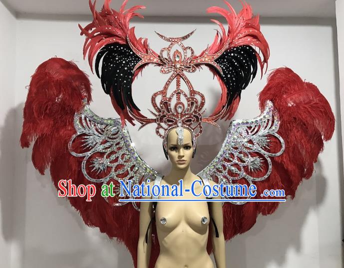 Brazilian Catwalks Props Rio Carnival Samba Dance Red Feather Wings and Headwear for Women