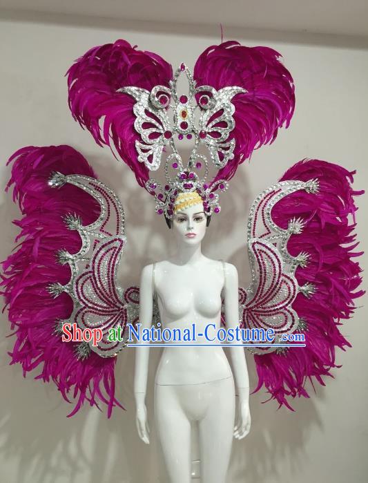 Brazilian Catwalks Samba Dance Props Rio Carnival Rosy Feather Angel Wings and Headwear for Women