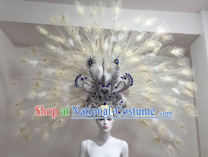 Brazilian Samba Dance White Ostrich Feather Hair Accessories Rio Carnival Catwalks Deluxe Headwear for Women