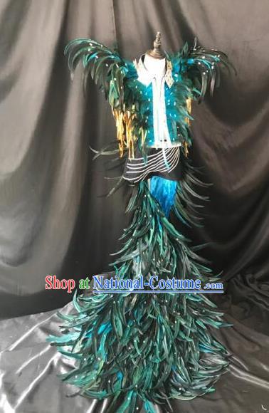 Brazilian Rio Carnival Samba Dance Costumes Halloween Catwalks Deluxe Green Feather Clothing for Kids