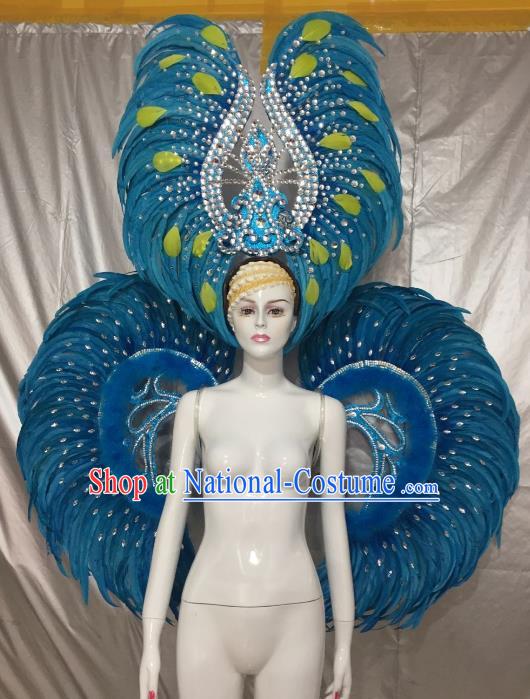 Top Grade Brazilian Carnival Samba Dance Props Catwalks Blue Feather Wings and Headwear for Women