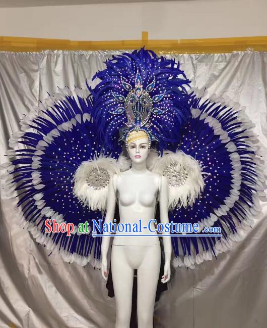 Top Grade Brazilian Carnival Samba Dance Royalblue Feather Angel Wings Catwalks Headwear for Women